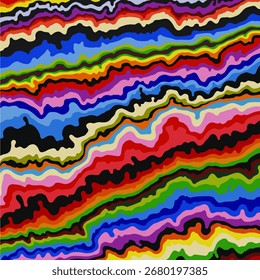 Dieses Kunstwerk ist ein lebendiges und energisches abstraktes Muster mit einer dichten Reihe von gewundenen, fluiden Linien. Das Design besteht aus mehreren Schichten von gewellten Streifen in einer breiten und satten Farbpalette.