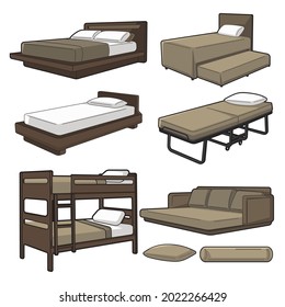 This asset features a set of four bunk beds, each with a mattress, and a chair. Ideal for illustrating dormitories, hostels, or shared accommodation i
