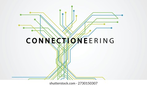Este recurso é uma ilustração de vetor plano profissional que visualiza conectividade complexa e engenharia técnica. O design apresenta a palavra "CONNECTIONEERING" em uma negrito e limpa fonte sans-serif, sobreposta em uma intrincada estrutura em árvore de caminhos de circuitos e linhas de dados. Utilizando uma moderna paleta de cores verde-limão e azul-celeste, o gráfico simboliza o crescimento da infraestrutura digital, a integração de rede e a arquitetura de sistema inovadora. É uma imagem de herói ideal para sites de empresas de engenharia, apresentações de consultoria de TI, páginas iniciais de software de rede ou artigos de transformação digital industrial.