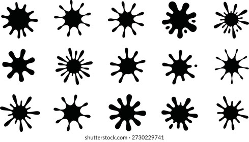 This assortment of black ink splashes and paint blots provides a versatile, textured, and edgy visual element on a clean white space.