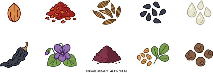 This assortment features diverse culinary ingredients displayed as flat graphic icons. Many aromatic seeds, dried herbal powders, organic botanical blossoms, and exotic peppers are arranged clearly against a neutral backdrop. These detailed pieces showcase natural textures for cooking applications, providing multiple flavorful seasoning elements for several creative kitchen projects.