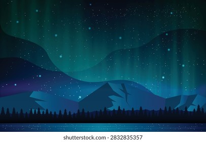 This atmospheric vector illustration depicts a mesmerizing scene of the Aurora Borealis glowing in vibrant teal and green shades across a star-filled night sky. Below the dancing northern lights lies a dark, silhouetted mountain range bordered by a dense pine forest, perfectly mirrored on the calm surface of a serene lake below.