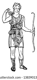 This is the attired or uniforme for the chase. Diana has holding an arrow bow in her hand, vintage line drawing or engraving illustration.