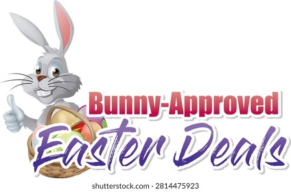 This attractive vector illustration features a cartoon Easter Bunny character holding a basket filled with decorated Easter eggs alongside promotional text reading “Bunny-Approved Easter Deals.” The design combines a friendly holiday mascot with advertising elements, creating an effective promotional graphic for Eastertide sales, seasonal campaigns, shopping events, discounts, and marketing materials.

Easter is not only a traditional holiday celebration but also an important season for retail promotions, gift shopping, food campaigns, and special offers. Businesses often create festive advertisements during this period to attract customers and encourage seasonal purchases. This illustration represents the connection between Eastertide celebrations and holiday marketing through a cheerful bunny character and colorful egg decorations.

The Eastertide bunny is one of the most recognizable symbols of the holiday season. Traditionally associated with spring, new beginnings, and celebration, the rabbit has become a popular character used in advertising, packaging, greeting cards, and promotional campaigns. In this artwork, the bunny acts as a friendly brand ambassador, helping communicate special offers in an engaging way.

The basket filled with decorated eggs represents the traditional elements of Eastertime. Eastertime eggs symbolize renewal, creativity, and celebration. They are often decorated with bright colors, patterns, and artistic designs, making them visually appealing elements for festival graphics.

The colorful eggs add a festive feeling to the composition. Their variety of patterns and colors represents creativity and the excitement of Eastertime activities. Decorated egg are strongly connected with family traditions, egg hunts, crafts, and seasonal celebrations.

The phrase “Bunny-Approved Eastertime Deals” creates a promotional message that combines festival charm with shopping incentives. Using a character-based approval concept makes advertisements feel more friendly and memorable.