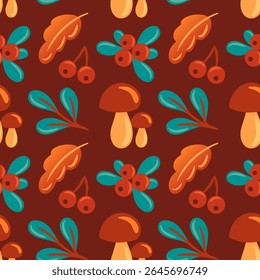 This autumn pattern features mushrooms, leaves, and berries, capturing the essence of fall. Ideal for seasonal projects, textiles, and decor, it brings warmth and a natural touch to any design.