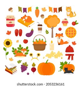 This is autumn set with pumpkin, sunflower, jar jam, leaf, mushrooms, acorn, book, fox, cat, vegetable, candle isolated on a white background.