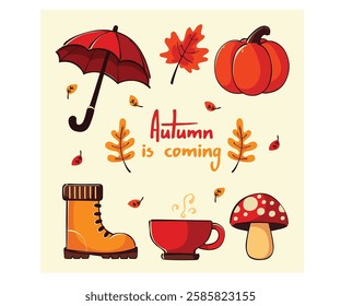 This autumn-themed vector illustration captures the essence of the season with vibrant fall elements, showcasing a rich palette of warm hues