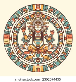 This Aztec illustration design features intricate patterns and bold colors, inspired by the ancient civilization's art and culture