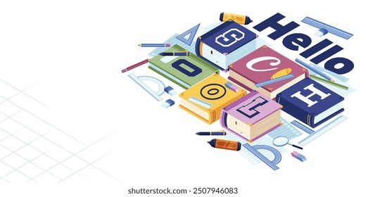 This is Back to School Illustration from Isometric stock. Several rows of books, stationery and HELLO SCHOOL text illustration in isometric style design.