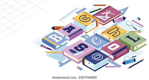 This is Back to School Illustration from Isometric stock. Several rows of books, stationery and BACK SCHOOL text illustration in isometric style design.