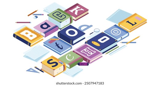 Dies ist die "Zurück zur Schule"-Illustration aus einem isometrischen Archiv. Mehrere Reihen von Büchern, Schreibwaren und BACK TO SCHOOL Textdarstellung im isometrischen Stil Design.