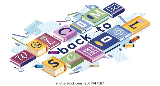 This is Back to School Illustration from Isometric stock. Several rows of books, stationery and WELCOME BACK TO SCHOOL text illustration in isometric style design.