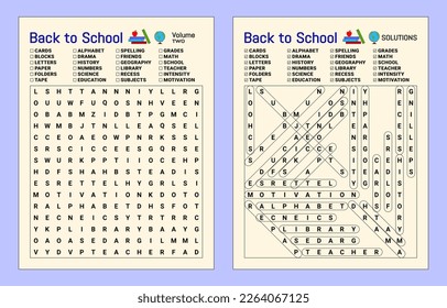 Este es un rompecabezas de búsqueda de palabras de vuelta a la escuela con solución. Este rompecabezas se crea para estudiantes de guardería y grados uno a tres.