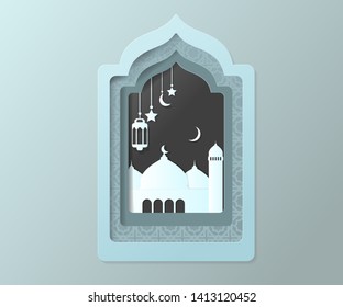 
This is a background aimed at celebrating Ramadan, Eid al-Adha, Eid al-Fitr with vector mosques, moons, stars