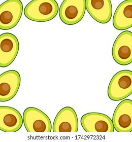 This is the background of avocado. Vector frame with organic avocado on white background. It could be used for flyers, postcards, banners.
