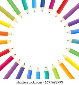 This is background with colored pencils, colorful crayons. Vector frame.