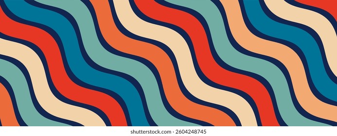 This background features wavy stripes in multiple vibrant colors, creating a bold abstract pattern.
