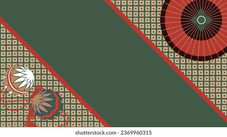 This is a background frame illustration featuring a Japanese umbrella, a ball, and a deer pattern.