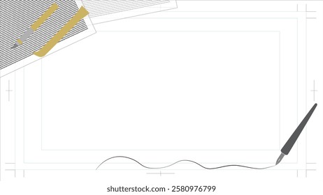 This background frame illustration shows a cartoon manuscript paper, dip pen, tone, cutter, and spatula.