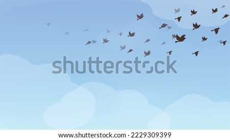 This is a background illustration of a blue sky and a flock of birds flying among the clouds.