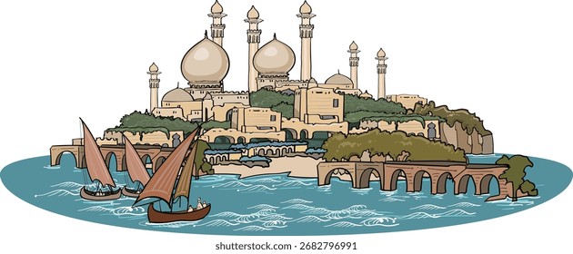 Dies ist eine Hintergrundgrafik eines Gebäudes mit arabischer Nachtatmosphäre.