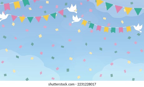 This is a background illustration of a festive image of birds with garlands in their mouths flying in the blue sky.