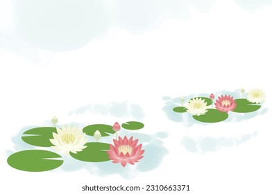 This is a background illustration of a landscape with blooming water lilies.