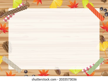 This is a background illustration of paper pasted on a wooden board that is perfect for autumn.