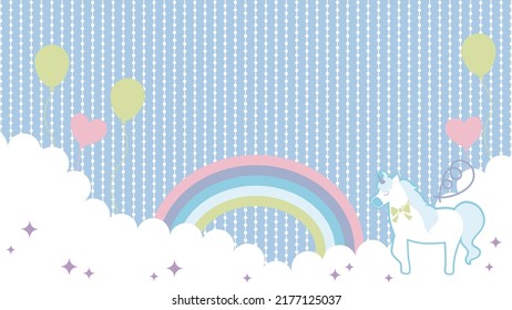 This is a background illustration of a unicorn, a balloon and a rainbow in the sky.