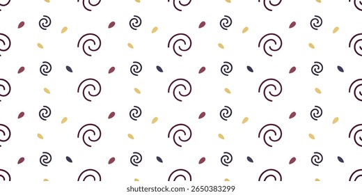 This background showcases a repeating pattern of dark purple spiral motifs interspersed with small, irregular teardrop shapes in maroon and yellow on a white backdrop.