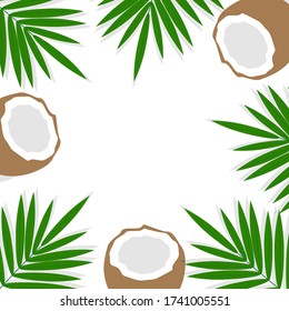 This is the background of tropic leaves and coconut on white background. Vector frame.