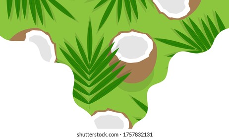 This is the background of tropic leaves and coconut. Vector banner.