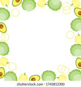 This is the background of vegetables. Vector frame with cabbage, pepper, avocado.