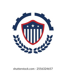 This is a badge logo design that depicts a shield with stripes and stars in black and blue surrounded by laurel wreath and a half cog for American machinery related purposes