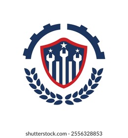 This is a badge logo design that depicts a shield with stripes and stars and wrench in red and blue surrounded by laurel wreath and a half cog for American machinery related purposes

