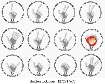 This is badges with cyber hands and different emothions. Flat design. Vector illustration.