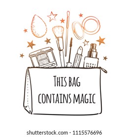 This bag contains magic. Cosmetics beauty elements, black outlines isolated on white background. For poster, card. Vector hand drawn fashion illustration with cosmetic. Perfect for social media.