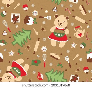 This baker bear is ready for Christmas. Country kitchen colors and treats in a seamless vector pattern featuring an adorable mama bear character.