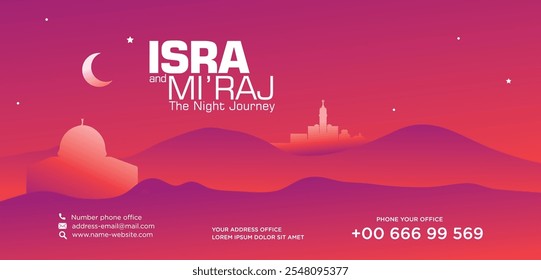 Dieses Banner fängt die Essenz der heiligen Nacht von Isra' Mi'raj mit einem atemberaubenden Design ein. Der Prophet Muhammad SAW ist abgebildet Aufstieg in den Himmel