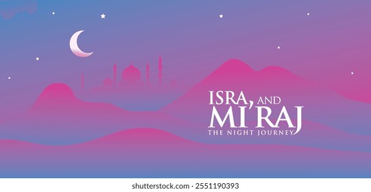 Dieses Banner fängt die Essenz der heiligen Nacht von Isra' Mi'raj mit einem atemberaubenden Design ein. Der Prophet Muhammad SAW ist abgebildet aufsteigend in Richtung des Himmels, umgeben. Vektorgrafik