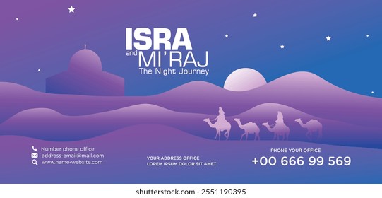 Dieses Banner fängt die Essenz der heiligen Nacht von Isra' Mi'raj mit einem atemberaubenden Design ein. Der Prophet Muhammad SAW ist abgebildet aufsteigend in Richtung des Himmels, umgeben. Vektorgrafik