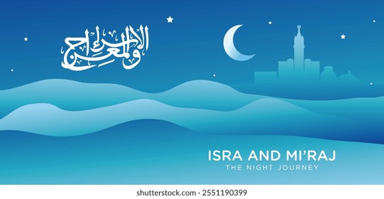 Dieses Banner fängt die Essenz der heiligen Nacht von Isra' Mi'raj mit einem atemberaubenden Design ein. Der Prophet Muhammad SAW ist abgebildet aufsteigend in Richtung des Himmels, umgeben. Vektorgrafik