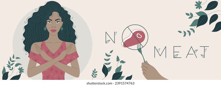 This banner features a flat art minimalist illustration of an African woman, expressing refusal to meat with crossed arms. Accompanied by No meat text, it conveys a strong Stop eating meat concept.