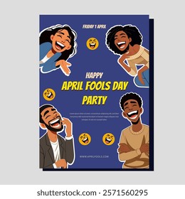 This banner promotes an April Fools' Day party with cheerful characters laughing, emoji icons, and bold yellow text on a blue background. It conveys a playful and fun atmosphere, perfect for the occas