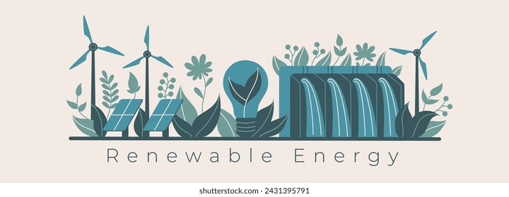 This banner showcases green leaves alongside symbols of renewable energy such as solar panels, windmills, and hydro power, promoting the Save the Planet concept through sustainable energy solutions.