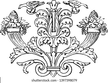 this banner shows the flowers in the two vases vintage line drawing or engraving illustration.