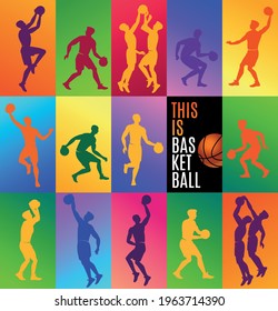 This is Basketball Concept Poster and Banner with Players silhouettes Flat cartoon icons on isolated multicolored background
