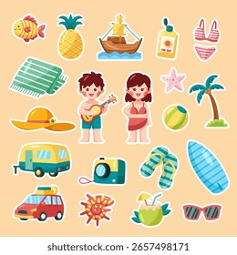 Dieses Strand-Illustrationssatz eignet sich für Sommerurlaub, Camping, Familienausflug, etc.