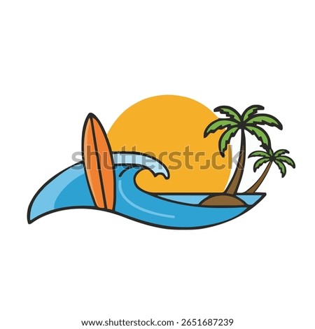 This beach logo features a serene scene of golden sand, blue wave, and a radiant sun setting on the horizon. A pair of palm trees sway gently, adding a tropical feel.