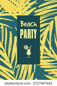Diese Strandparty-Flyer-Vorlage verfügt über kräftige gelbe Palmenblätter auf dunklem Hintergrund, die eine lebendige tropische Nachtatmosphäre schaffen. Das Design mit einer stilvollen Cocktailglasgrafik eignet sich perfekt für die Werbung für Sommerpartys am Strand, für Veranstaltungen im Nachtleben, DJ-Nächte, tropische Festivals oder Resort-Feiern. Ideal für Poster, Flyer und digitale Werbeaktionen.